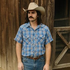 Vintage‎ American West Pearl Snap Shirt Mens XL Blue Plaid Short Sleeve Western